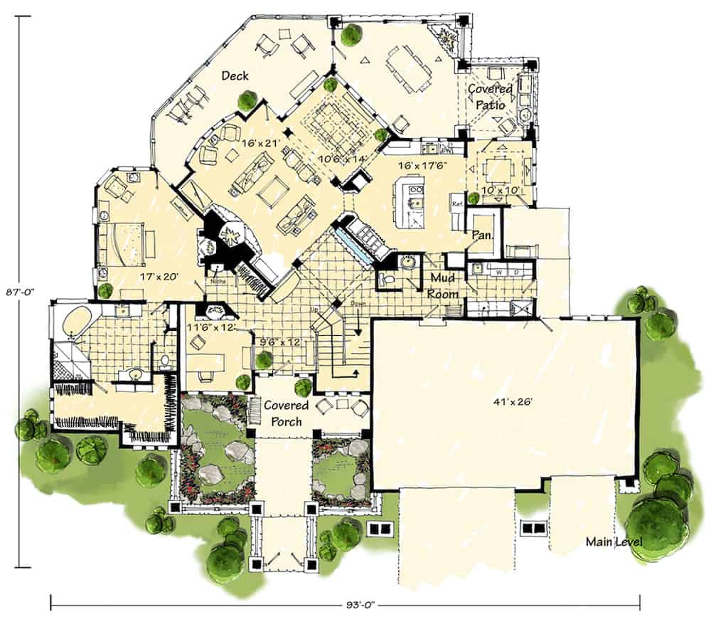 Floor Plan Main Level of Mediterranean Plan #205-1019