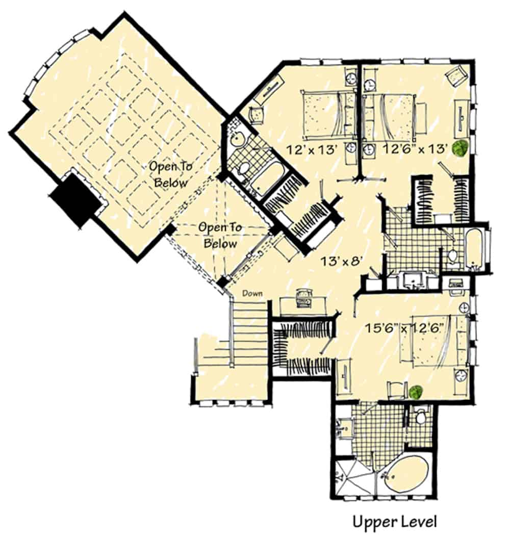 Floor Plan Upper Level of Mediterranean Plan #205-1019