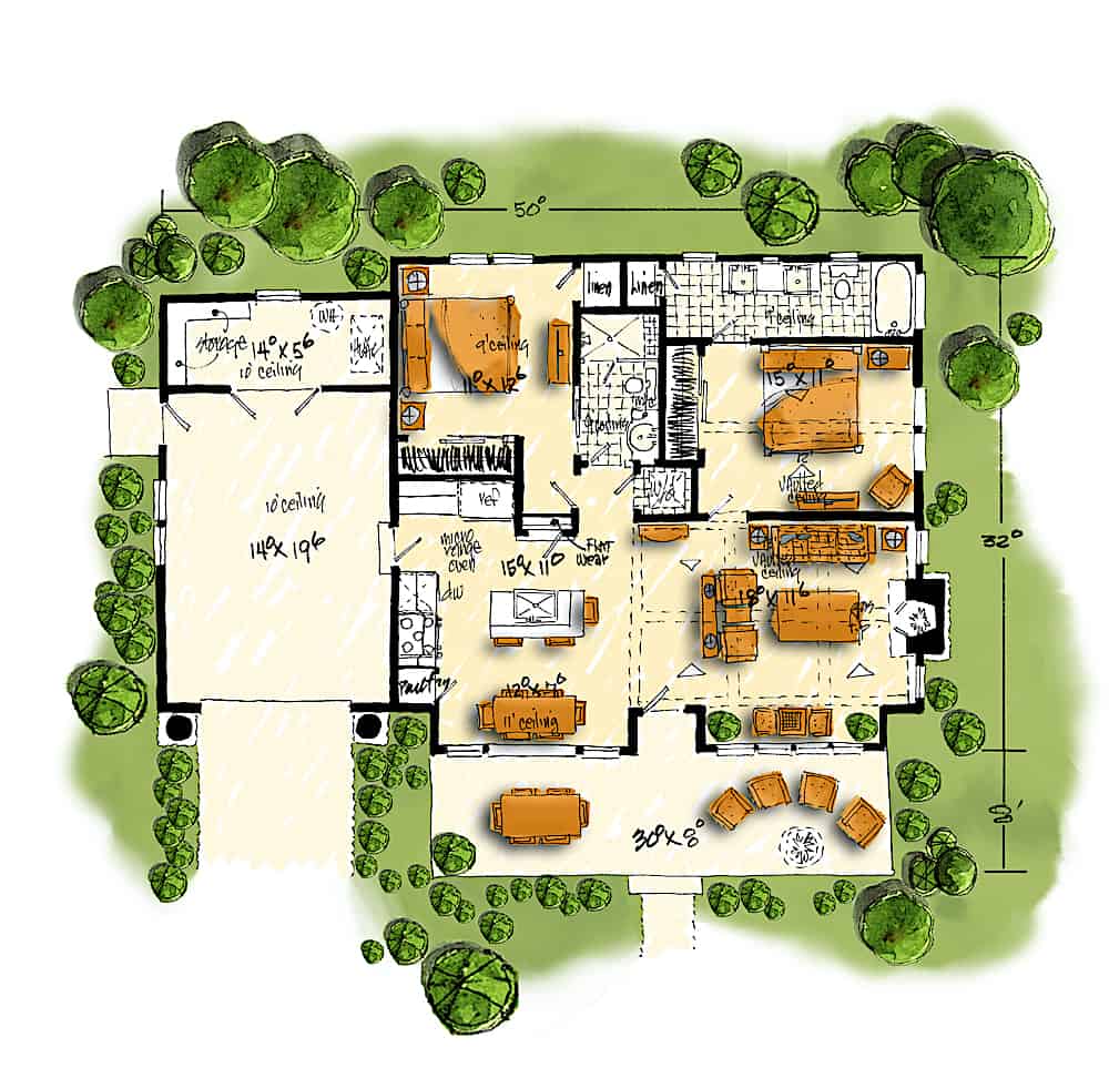 Floor Plan Main Level of Cottage Plan #205-1023