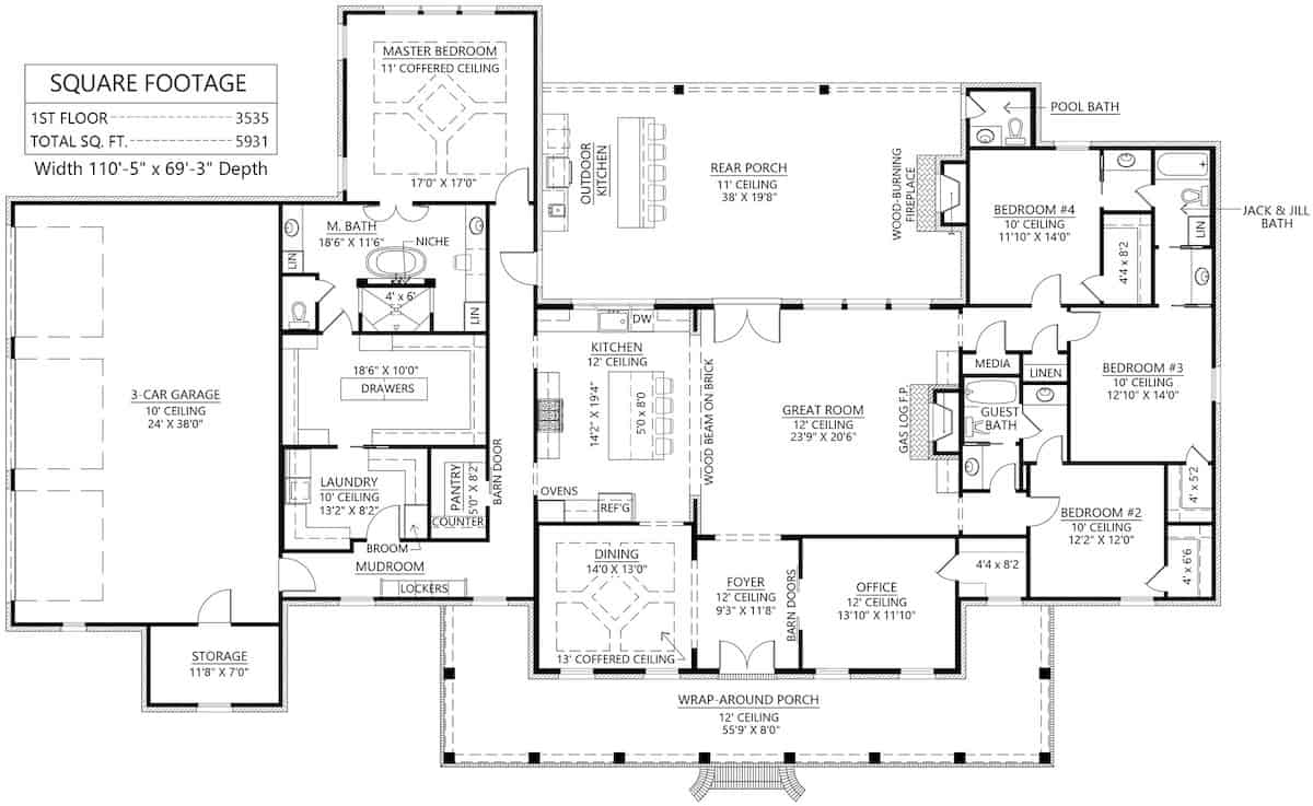 Main Level of Ranch Plan #206-1042