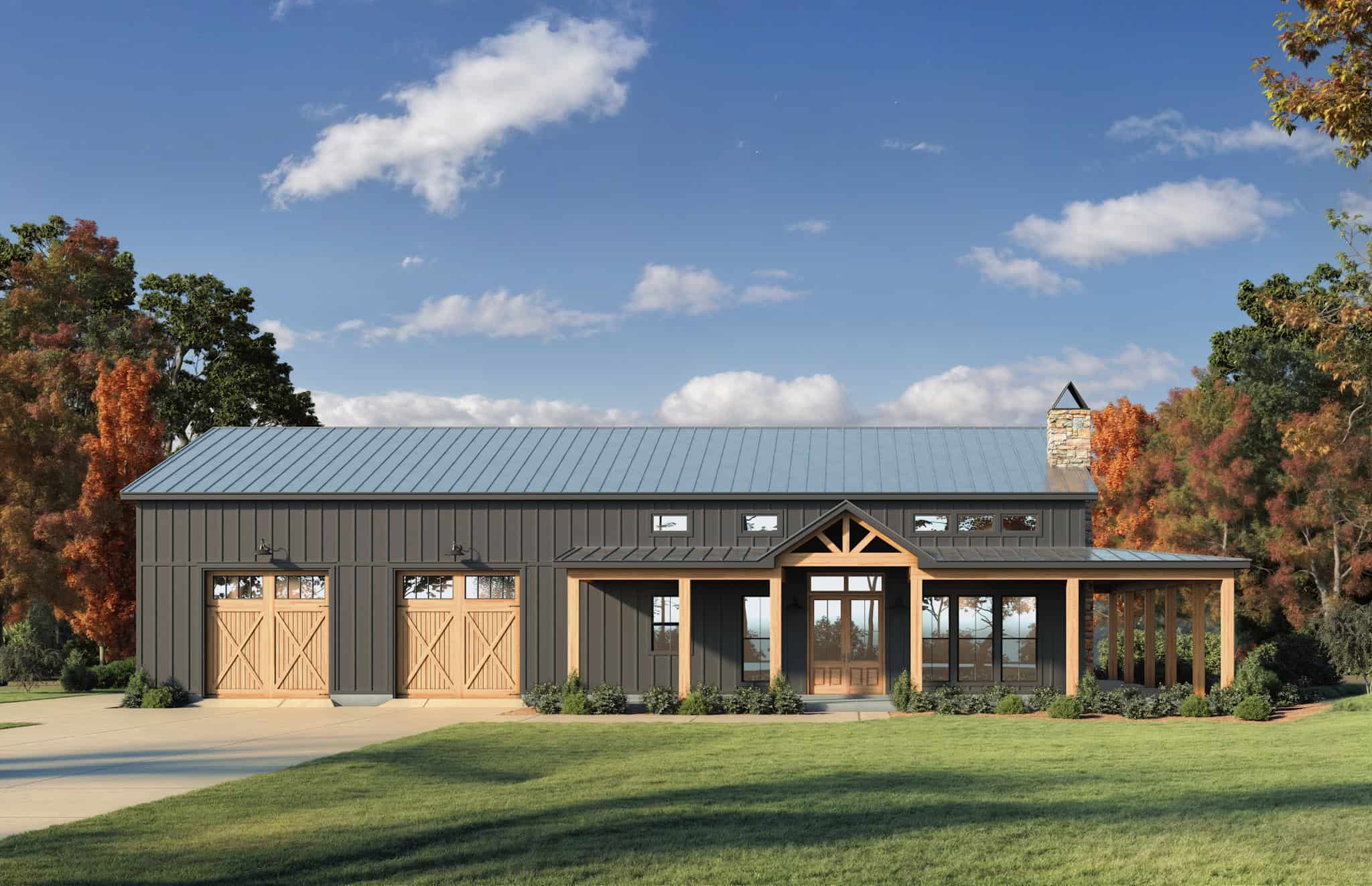 Front elevation of Barndominium home (ThePlanCollection: House Plan #206-1115)