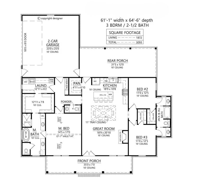 Main Level of Farmhouse Plan #206-1123