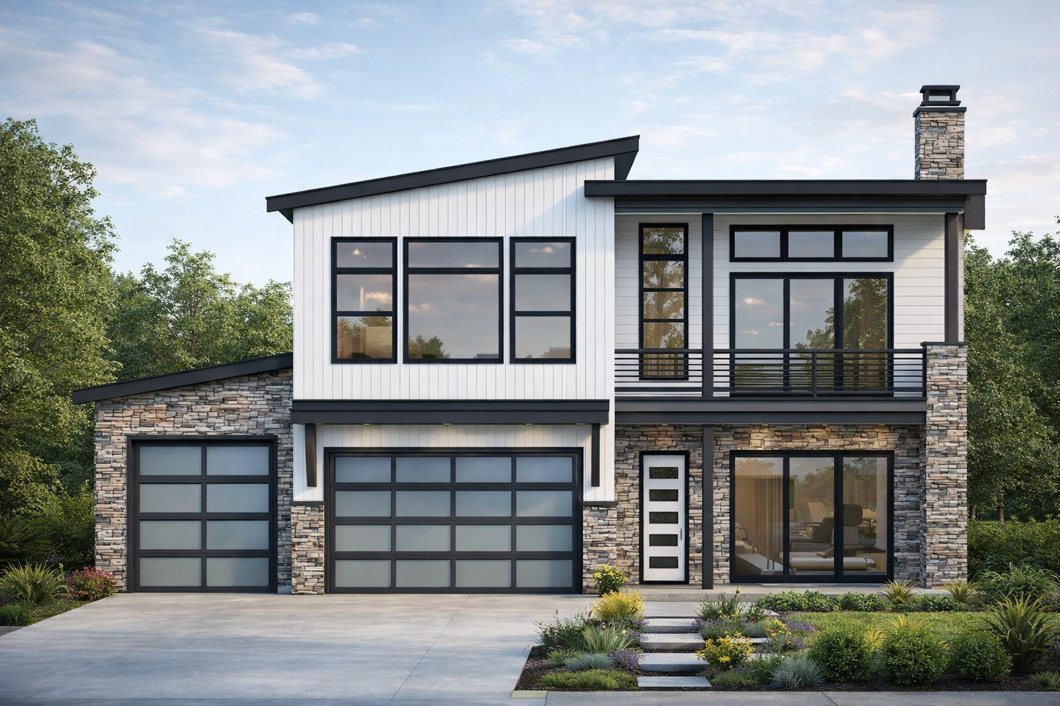 A Ranch home with a low-slope roofline, covered balcony, and three-car attached garage. 4 beds, 3,081 sq ft - Plan #208-1047.