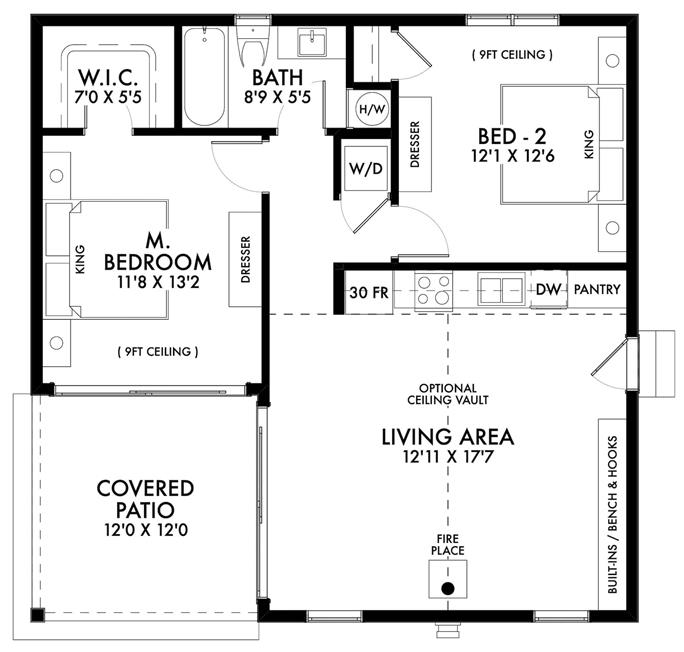 Contemporary Floor Plan 2 Bedrms 1 Baths 880 Sq Ft 211 1020