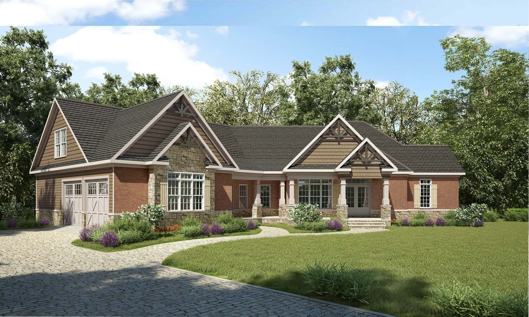 Front elevation of Craftsman home (ThePlanCollection: House Plan #213-1005)