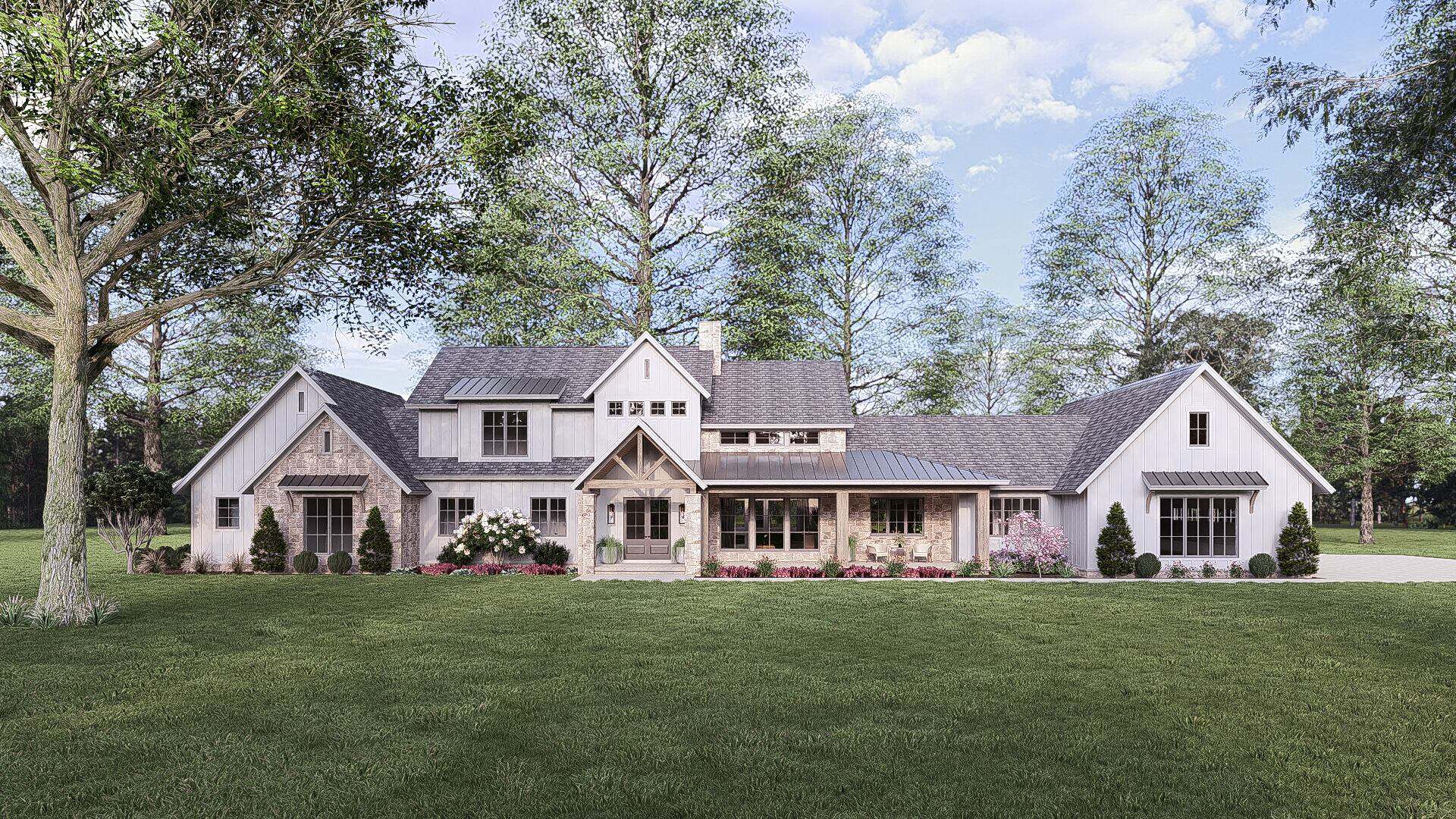 Modern elevation with mixed stone and board-and-batten siding, gable and shed rooflines, covered front porch, and large windows. 4 beds, 3.5 baths, 4,154 sq ft - Plan #221-1014