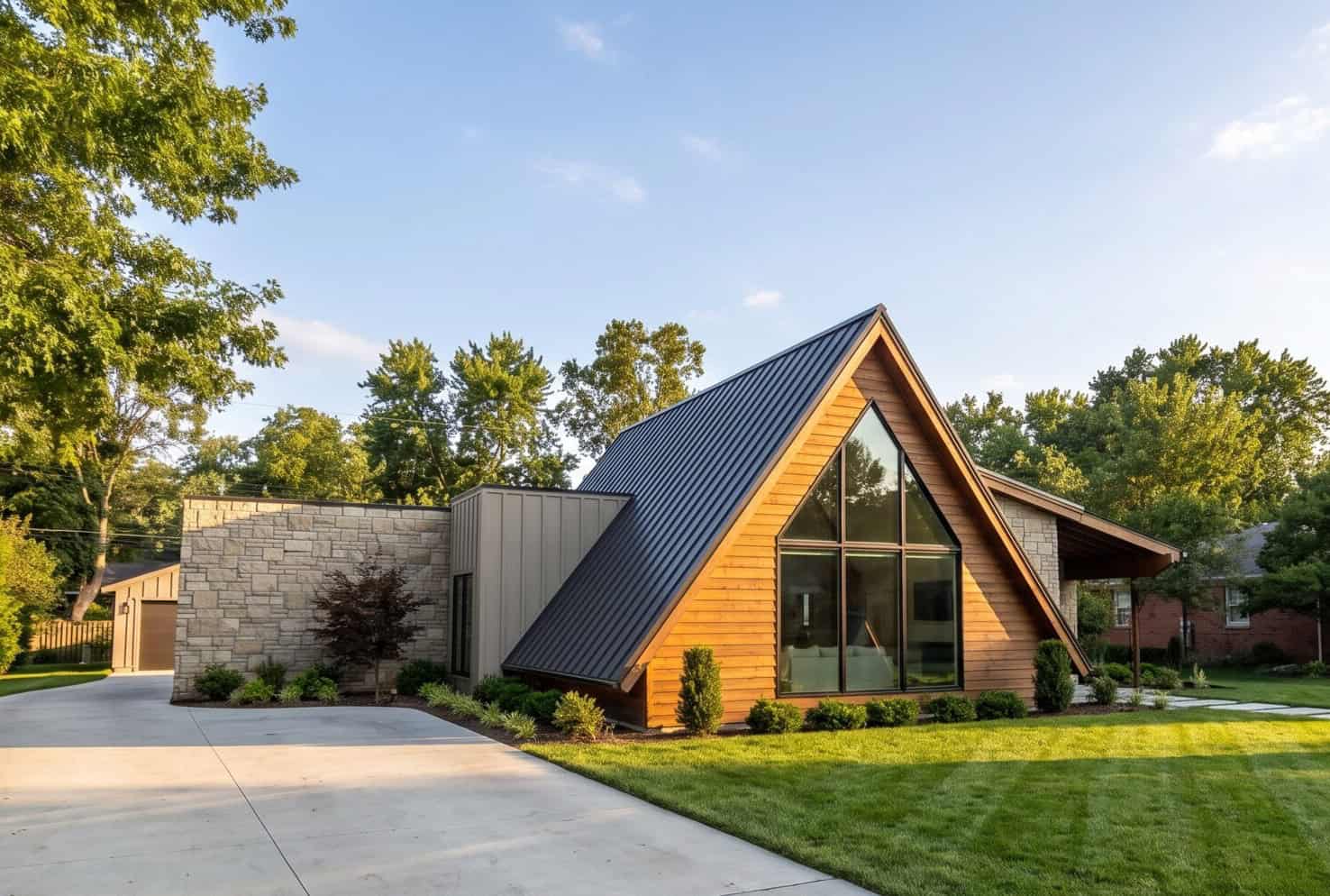 A modern A-frame design with a steep metal roofline, side-entry garage, and covered rear porch. 3 beds, 1,978 sq ft, 3 baths - Plan #221-1021