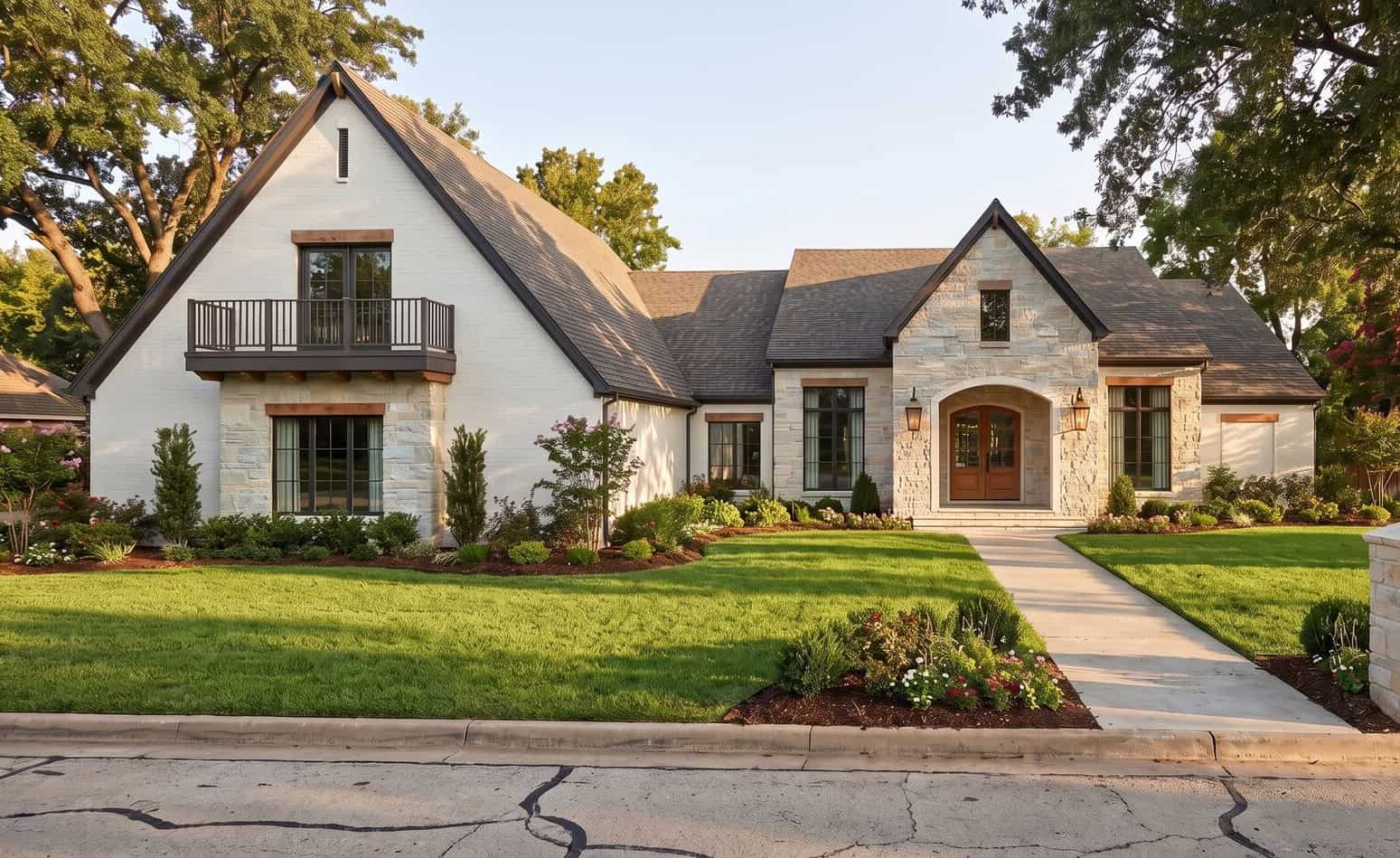 European elevation with brick and stone siding, steeply pitched gable roof, and covered front porch entry. 4 beds, 3.5 baths, 2985 sq ft - Plan #221-1022