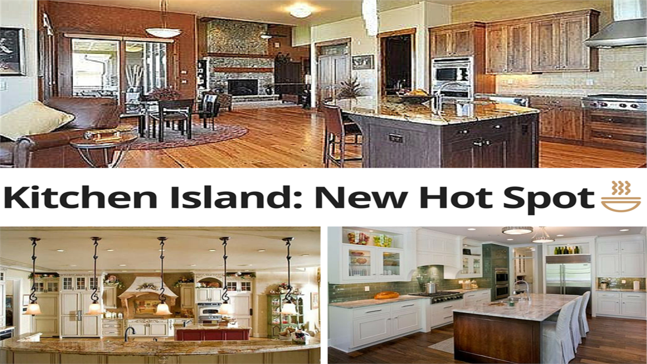 A collage of three photos illustrating kitchen islands