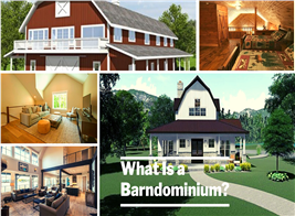 Five house interiors and exteriors illustrating article about barndominiums