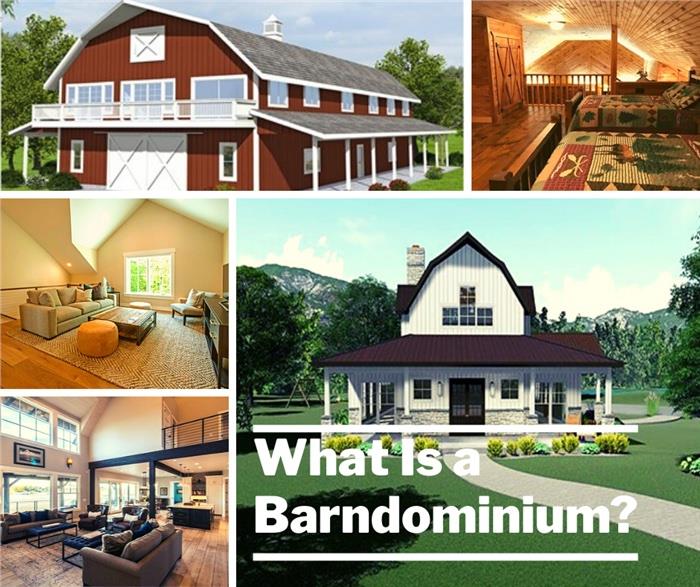 Five house interiors and exteriors illustrating article about barndominiums