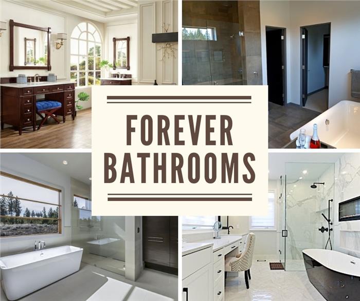4 modern bathrooms illustrating article on bathrooms that age with homeowners