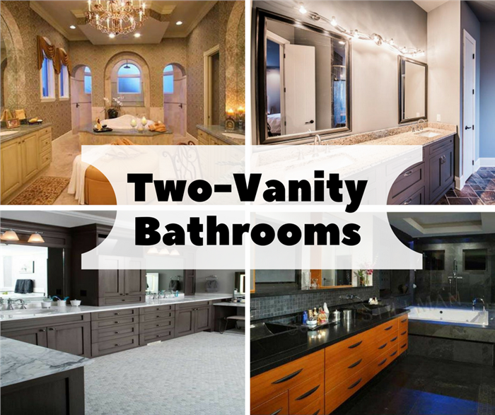 Montage of 4 photographs illustrating article on two-vanity bathrooms