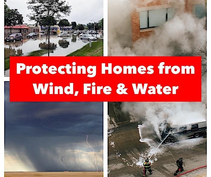 Montage of 3 photographs illustrating article about homes resisting wind, fire, and water