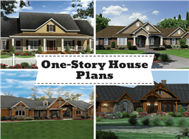 Montage of 4 images illustrating article on 1-story house plans