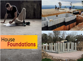 Montage of 4 photographs illustrating article on house foundations