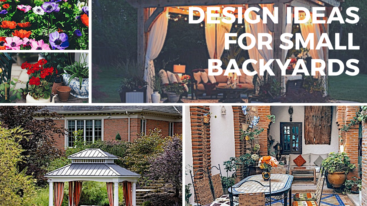 Montage of photos illustrating ideas for small backyards