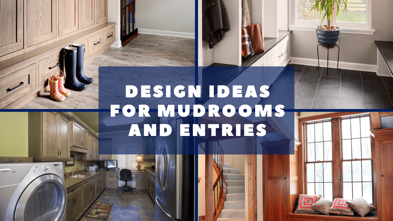Four photos of mudrooms and entries illustrating article on designing mudrooms