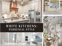 Montage of 4 photos illustrating white kitchens