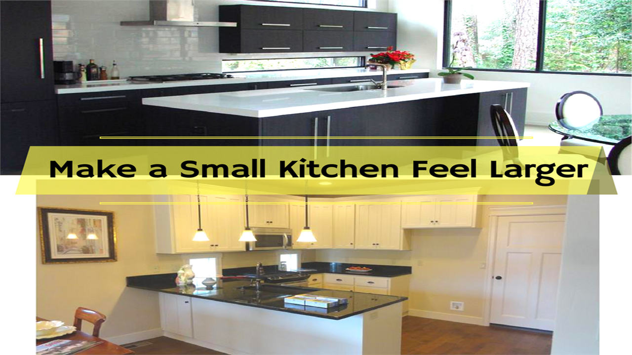Montage of two photographs illustrating small kitchens that seem larger