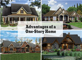 Montage of 4 images illustrating article on 1-story house plans