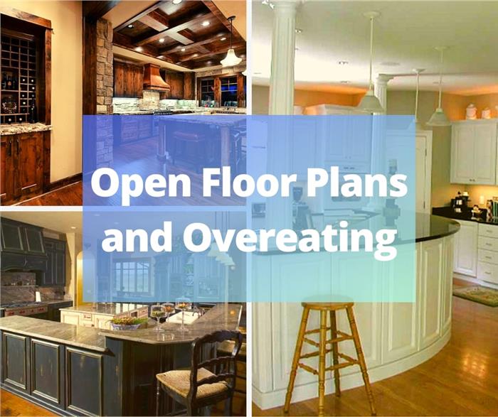 Montage of 3 photos illustrating article about Open Floor Plans and Overeating
