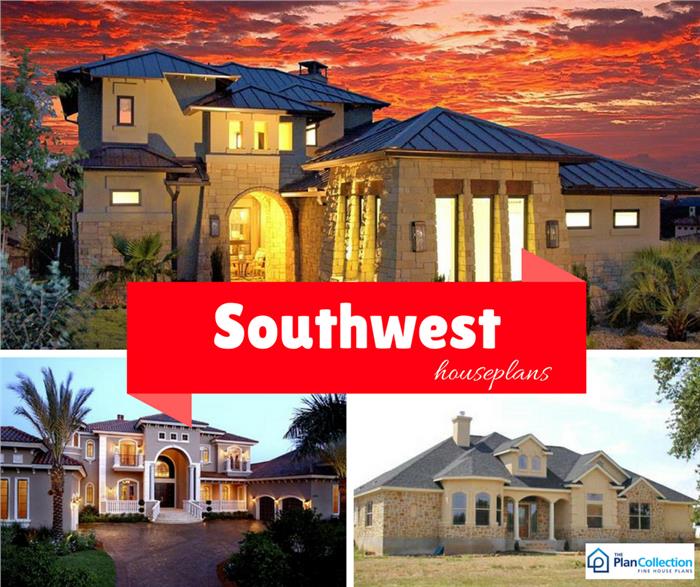 Luxurious Southwest style Craftsman home at dusk. Georgeous use of stone, stucco and wood on the exterior. From The Plan Collection 