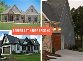 Three photos of houses arranged in a montage to illustrate article on corner lot home plans