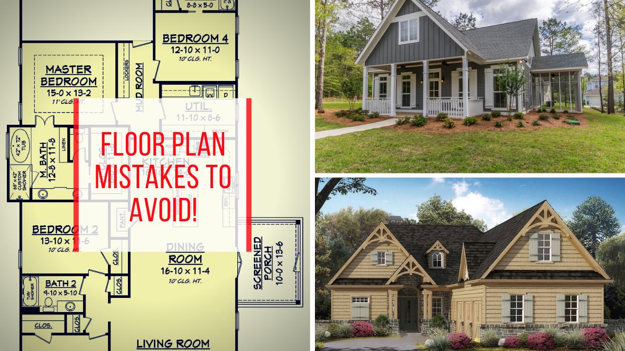 2 house photos and a floor plan illustrating an article on floor plan mistakes