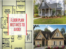 2 house photos and a floor plan illustrating an article on floor plan mistakes