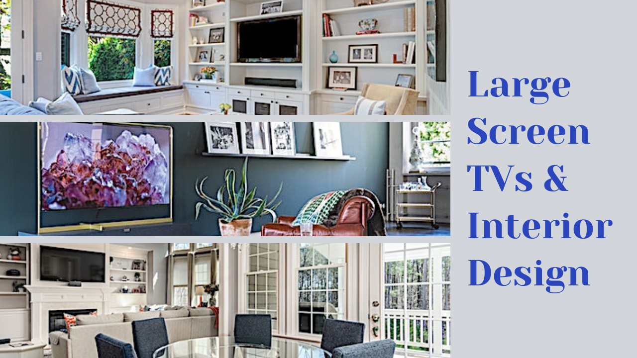 Montage of 3 photos illustrating article on designing a room with a large-screen TV