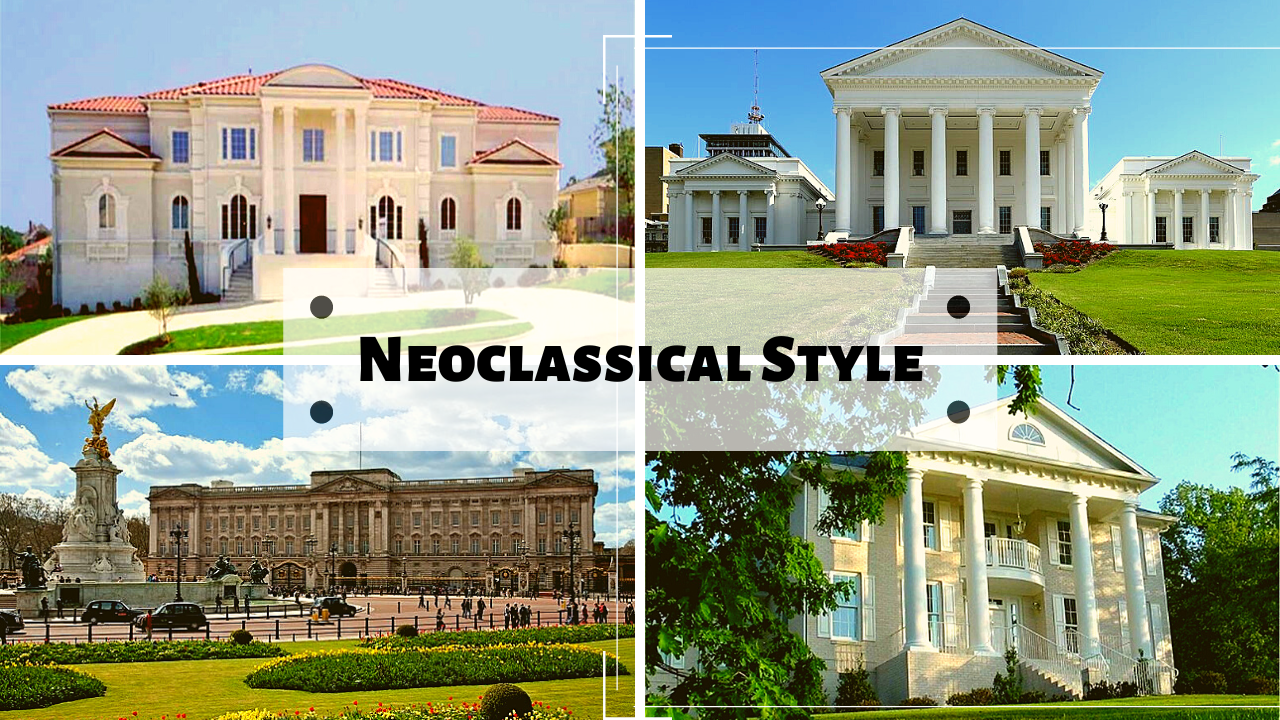 Four traditional homes illustrating article about Neoclassical style houses