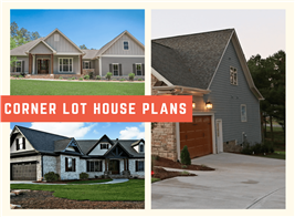 Three photos of houses arranged in a montage to illustrate article on corner lot home plans