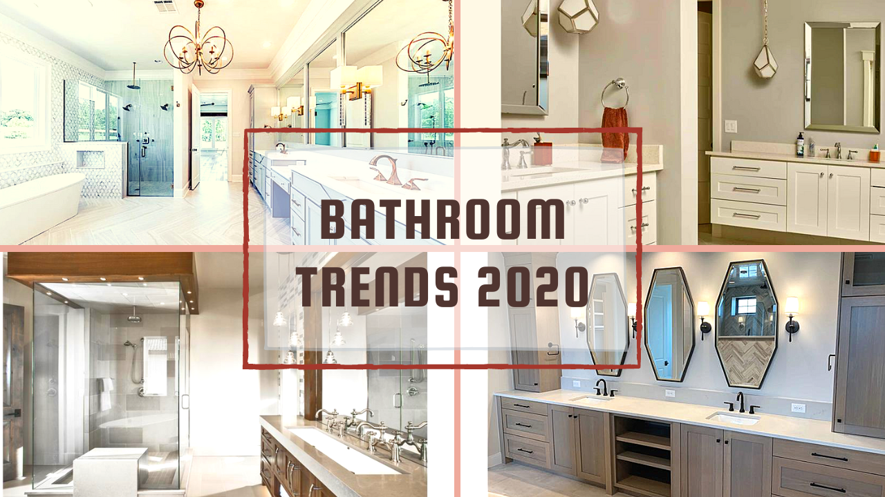 Four contemporary bathrooms illustrating article about bathroom trends for 2020