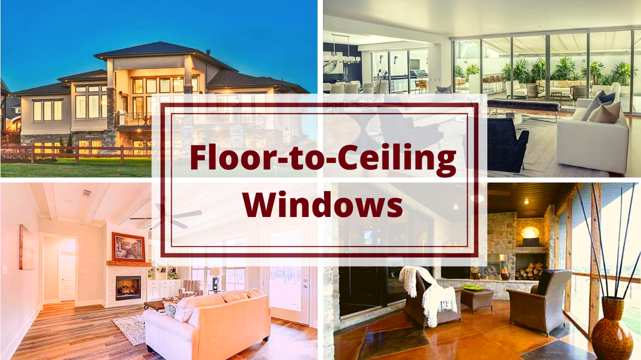 interior and exterior views of large windows illustrating article about floor-to-ceiling windows in homes