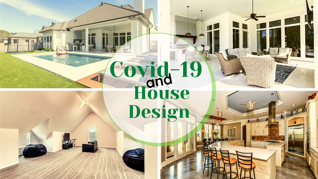 A home exterior and 3 interiors illustrating article about the effect of Covid-19 on house design