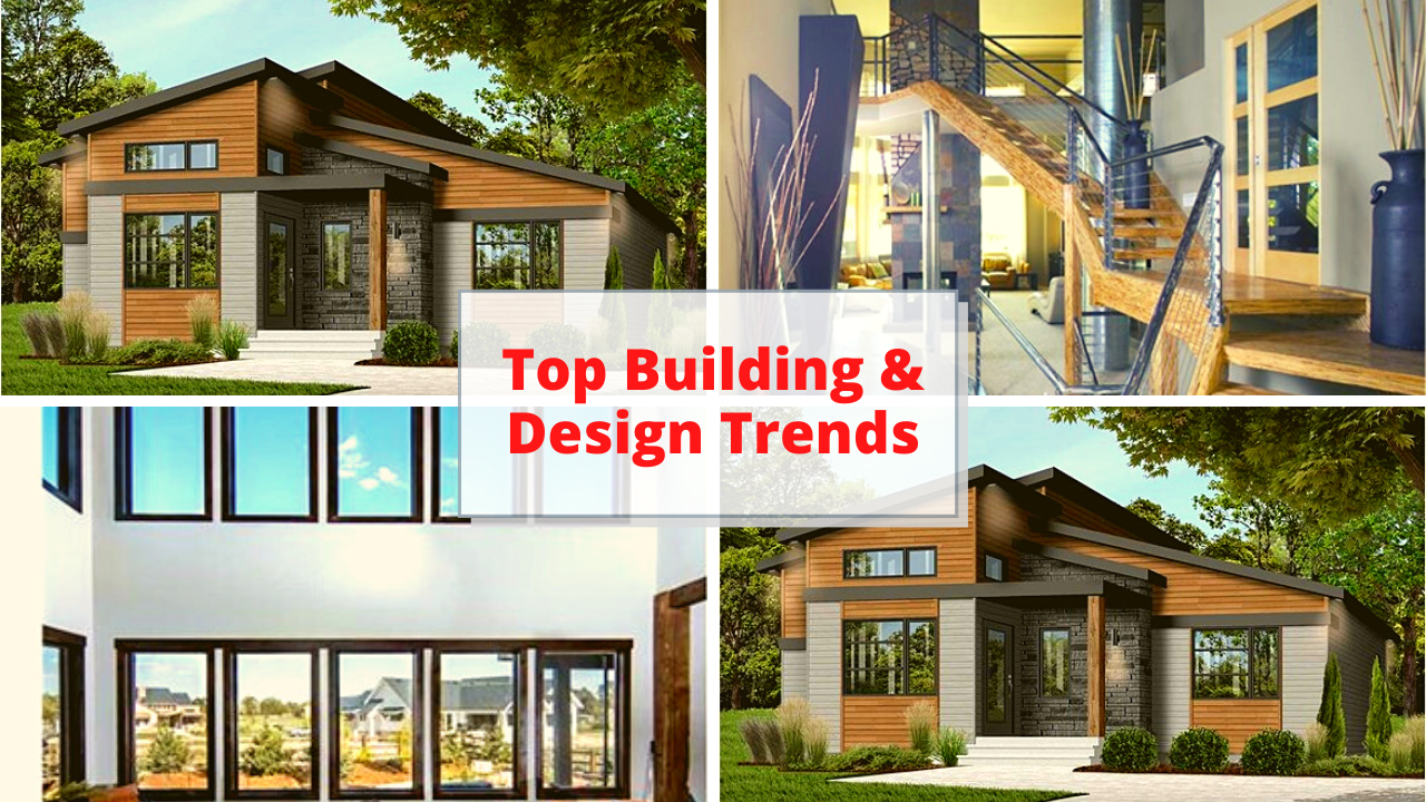Two residential exteriors and two interiors illustrating article on home building and design trends