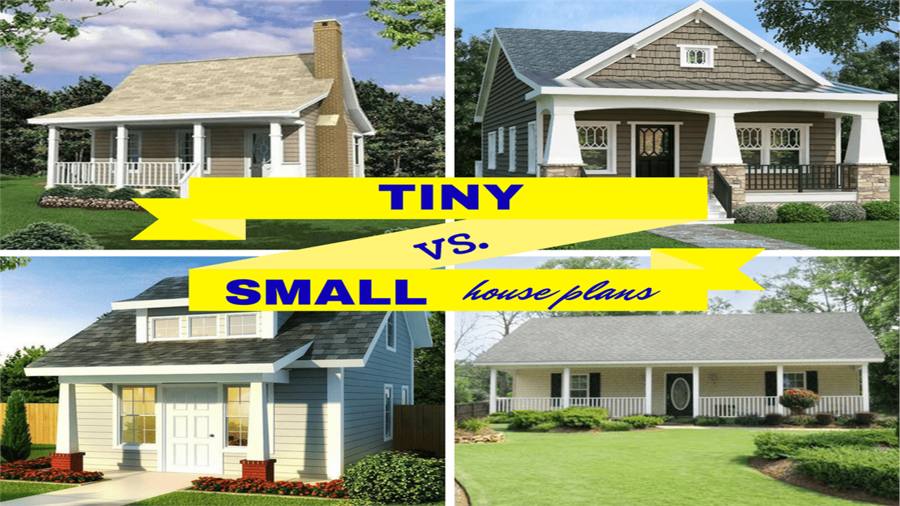 Montage of 4 small homes illustrating article about tiny vs. small homes