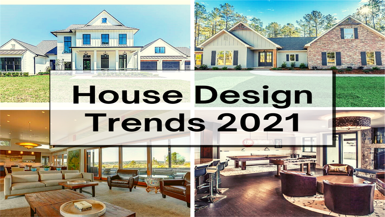 2 exterior and 2 interior views of homes illustrating article about 2021 House Design Trends