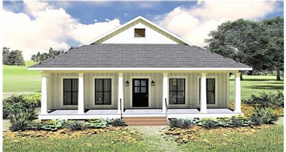 Small 2-bedroom Bungalow style house plan with large front porch.