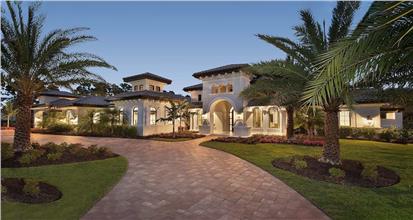 Luxurious Mediterranean house plan with arched openings, stucco exterior, and tile roof.