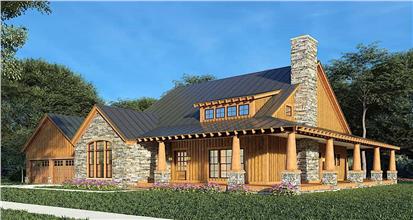 Rustic style house plan exterior highlighted with natural stone and wood, wraparound porch; interior with open floor plan, vaulted ceiling, 3 bedrooms.