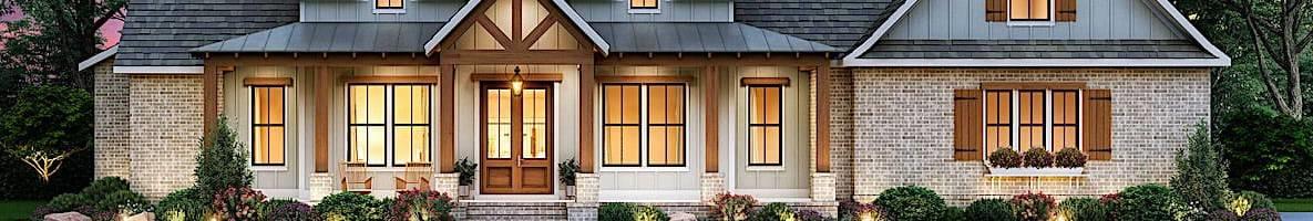 3-bedroom, 2574-sq.-ft. Craftsman-style home design with shingle siding, porch, and timber eaves