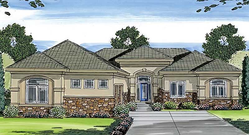 3-Bedroom, 2165 Sq Ft Mediterranean House Plan - 100-1037 - Front Exterior