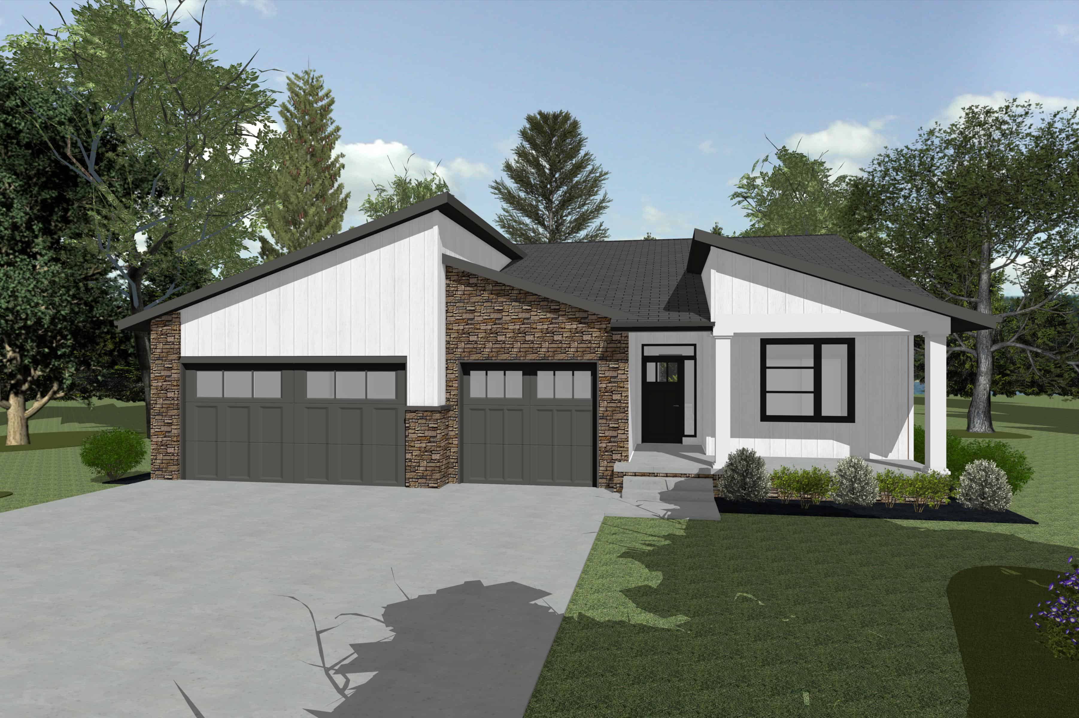 Contemporary one-story house plan with covered front porch, attached 3-car garage, and split primary suite layout