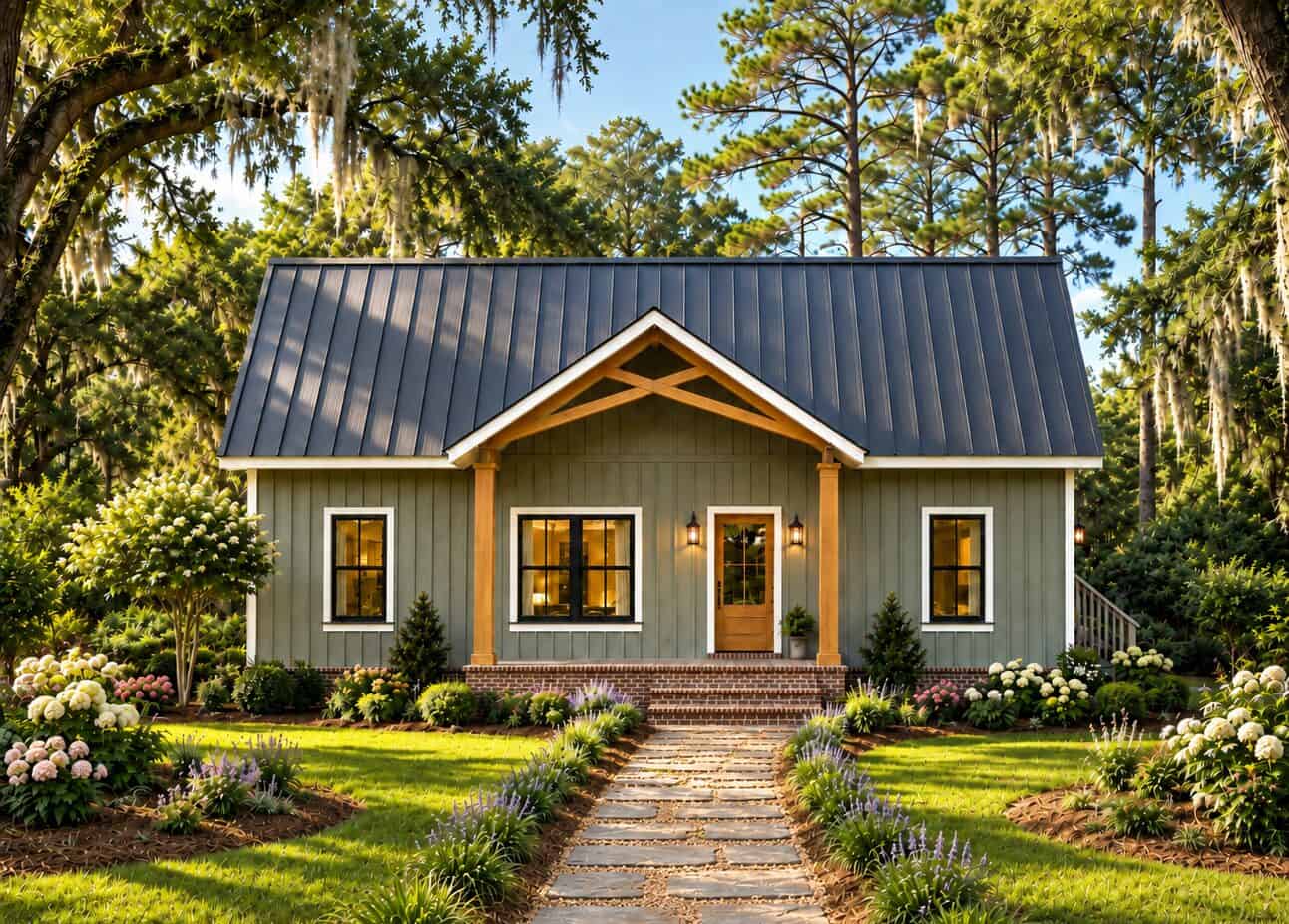 Country Cottage elevation with timber-truss gable porch on brick steps below a standing-seam metal roof, Plan #123-1185