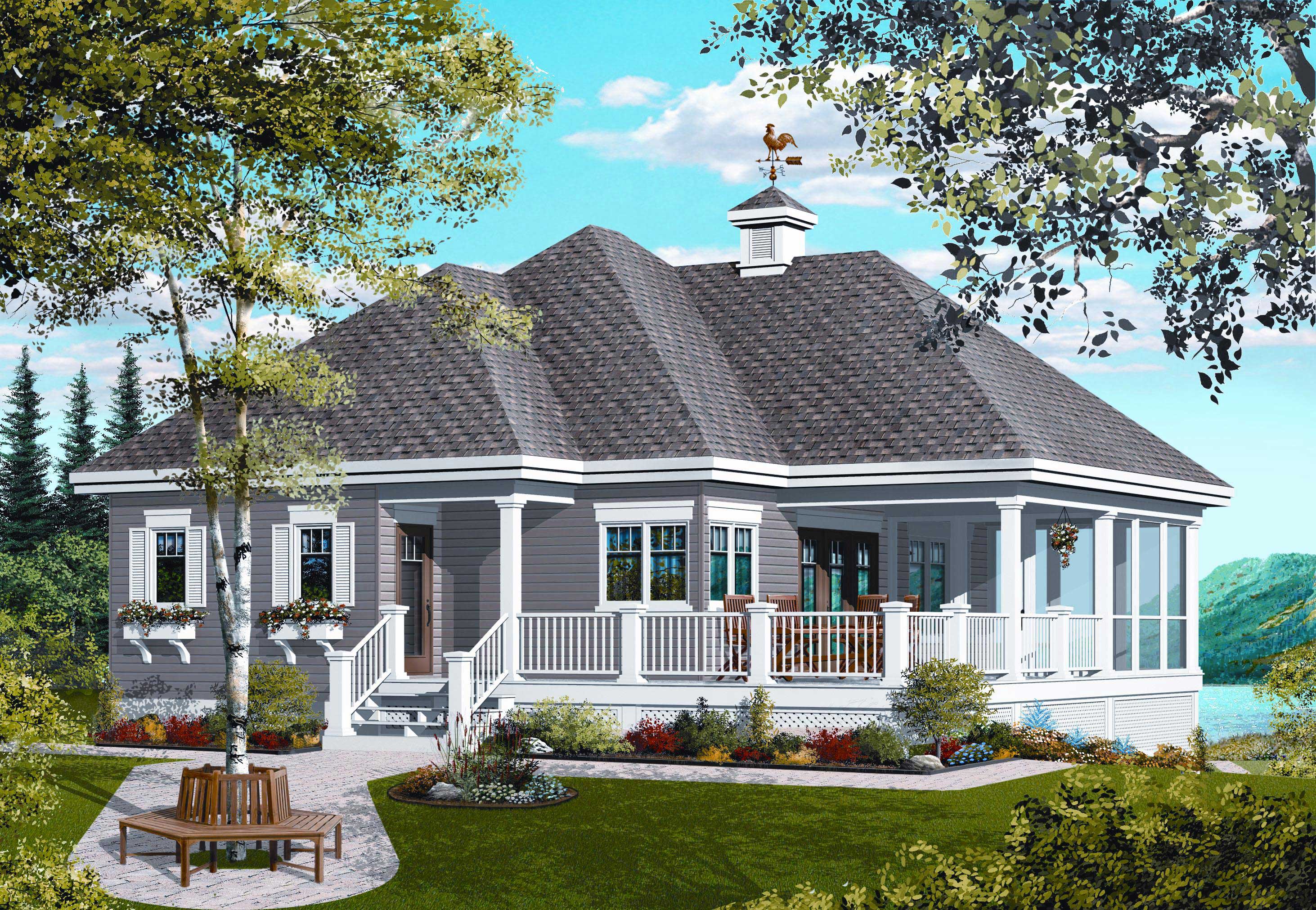 Front exterior of 1-bedroom small country cottage plan #126-1126 with wraparound porch and wood siding