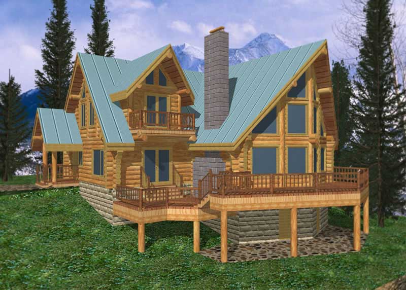 3-Bedroom, 3303 Sq Ft Log Cabin House Plan - 132-1266 - Front Exterior