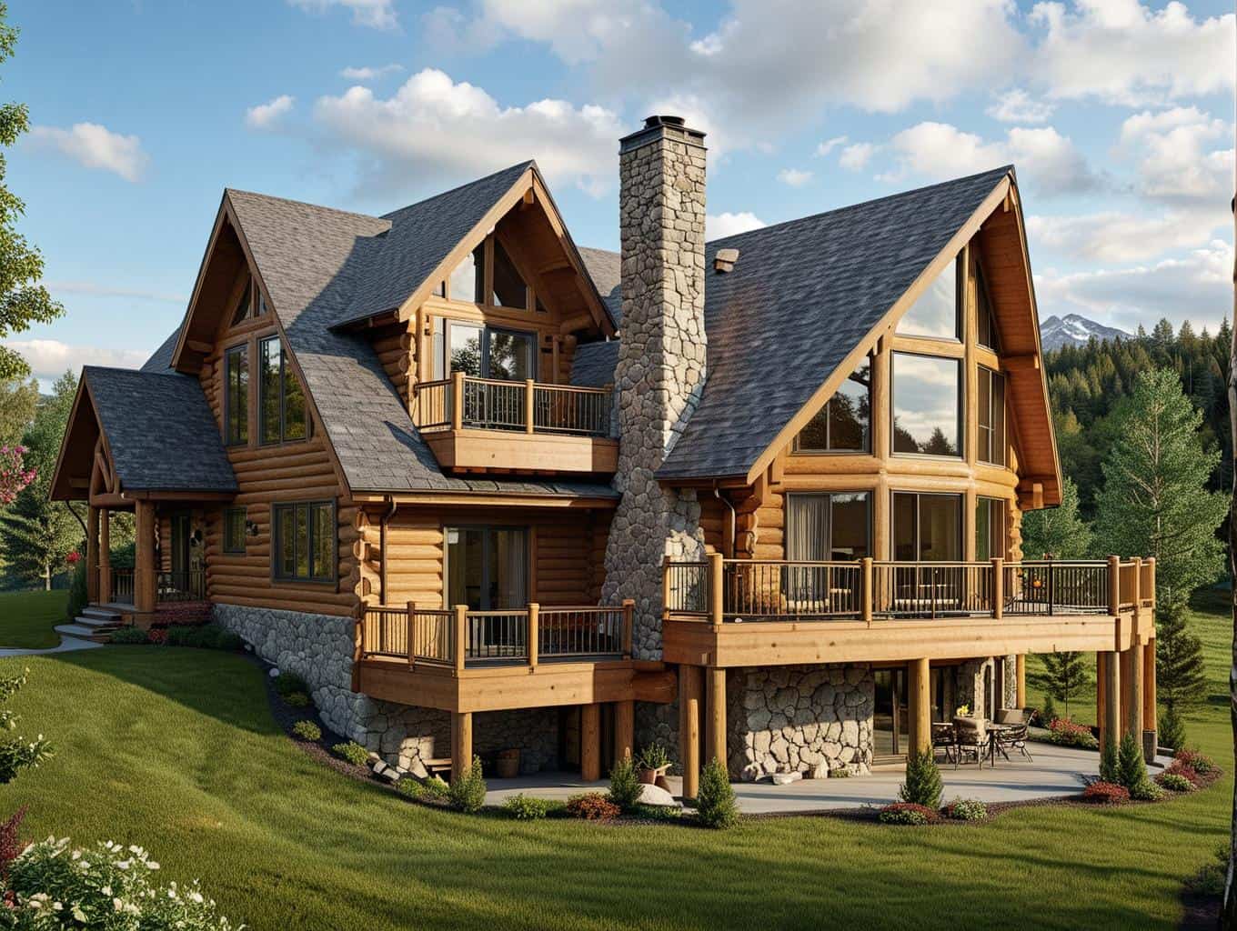 3-Bedroom, 3303 Sq Ft Log Cabin House Plan - 132-1266 - Front Exterior