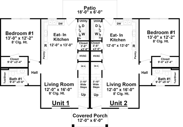 Duplex/Multi-Unit House Plan - 3 Bedrms, 2 Baths - 2490 Sq Ft - #141-1334
